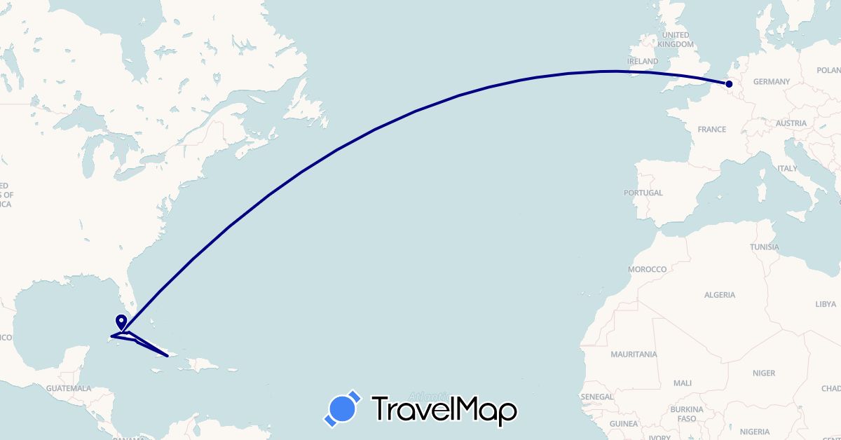TravelMap itinerary: driving in Belgium, Cuba (Europe, North America)